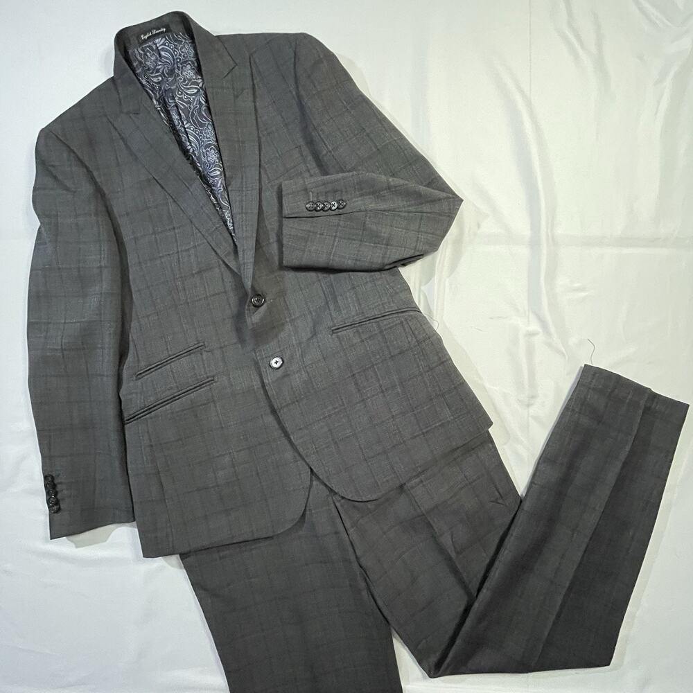 English Laundry 40S Mens Suit Gray Glen Plaid Wool 33W Slim Fit Blazer Pants